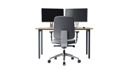 Isolated home office desk with computer monitors and ergonomic chair for remote work