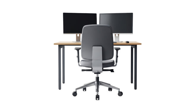 Isolated home office desk with computer monitors and ergonomic chair for remote work