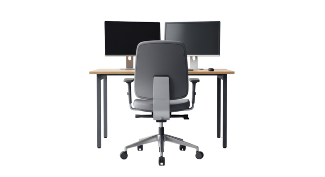 Isolated home office desk with computer monitors and ergonomic chair for remote work