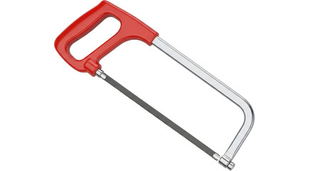 Obraz premium Isolated hacksaw with red handle, a hand tool for cutting wood and metal in carpentry work