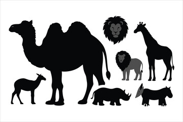 Collection of African wildlife silhouettes including a camel, lion, giraffe, rhinoceros, and antelope