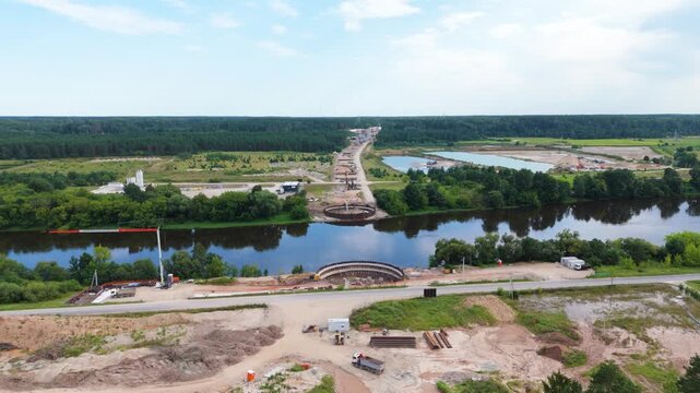 Construction site of Rail Baltica bridge, aerial drone view