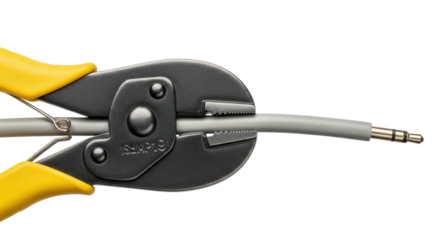 Isolated gray audio cable being cut with wire cutters pliers, metal plug, yellow handles