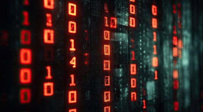 Close-up of a digital display panel with glowing red binary code, dark background
