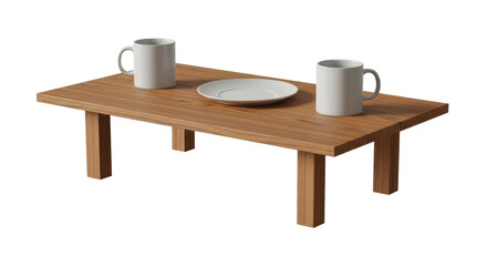 Isolated wooden table with mugs and plate evokes hospitality and minimalism indoors