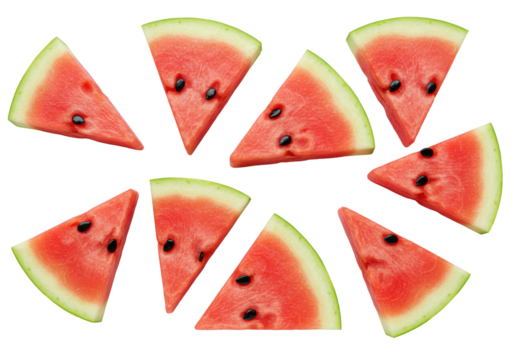 Nine vibrant red watermelon slices, glossy black seeds, green rind, neatly arranged on a transparent background with soft studio light, top-down macro. Concept of fresh deliciousness