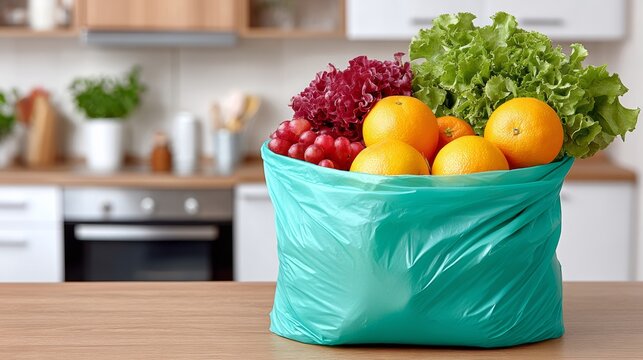 A green plastic bag filled with fruits and vegetables. The bag is on a wooden table. The fruits and vegetables include oranges, apples, and lettuce - Powered by Adobe