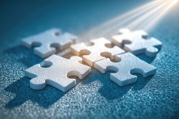 White puzzle pieces joined, spotlight
