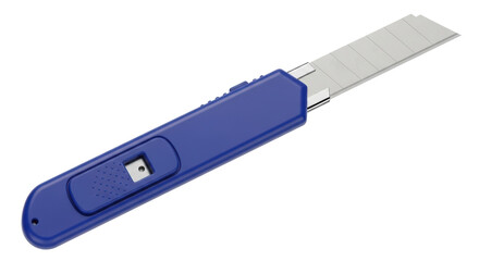 Isolated Retractable Utility Knife with Segmented Blade and Blue Plastic Housing on Tabletop