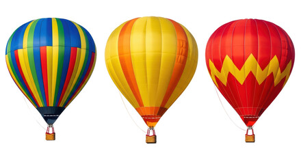 Isolated trio of hot air balloons against sky, vibrant colors, transportation concept