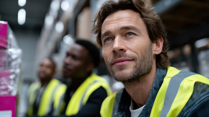 A pensive male warehouse employee, wearing yellow safety gear, reflects while sitting with colleagues amidst rows of neatly stacked boxes in a brightly lit warehouse setting.