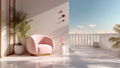 Pink, romantic interior with patio view