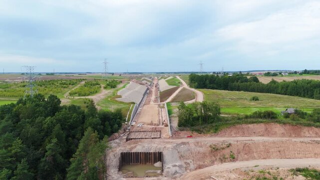 Construction site of Rail Baltica railway track in Lithuania, aerial view