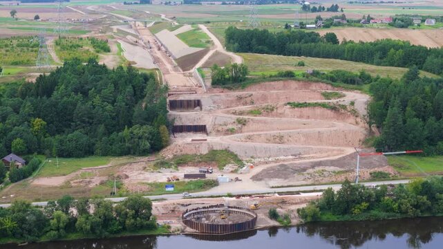 Railway line construction project, aerial drone view
