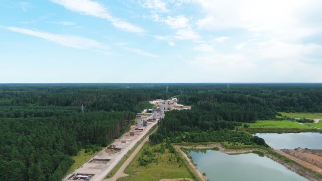Endless construction site of Rail Baltica bridge in Lithuania, aerial panoramic view