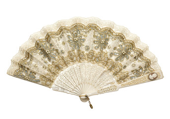 Ornate, ivory-colored fan adorned with intricate lacework, shimmering gold sequins, and delicate pearl accents.