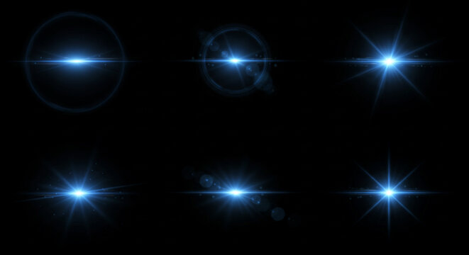 set of blue lens flares with black background