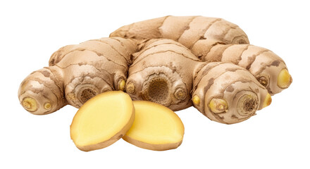 Isolated ginger root with cut slices, a spicy ingredient popular in Asian cuisine