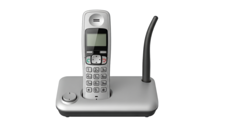 Isolated cordeless telephone with base and antenna is on a neutral surface for home or office