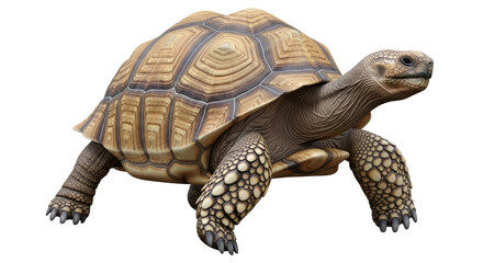 Isolated African spurred tortoise reptile animal with a patterned carapace shell in detail
