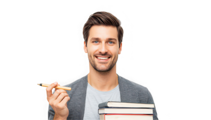 Happy young man holding books and pen isolated on transparent background, smiling and looking at camera