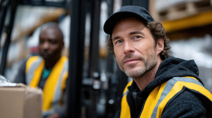 Obraz premium A man in an orange safety vest poses for the camera in a warehouse setting, highlighting the critical roles played by individuals in ensuring safety and productivity in logistics.