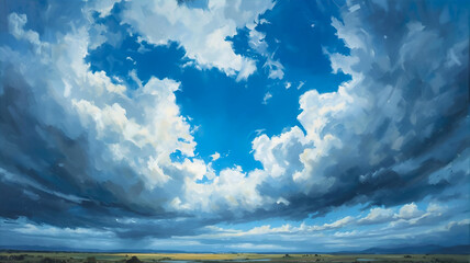 動きのある雲と空の絵画