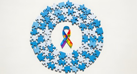 A rainbow ribbon is surrounded by blue puzzle pieces, symbolizing unity and autism awareness.