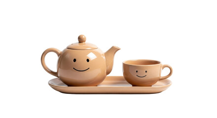 Isolated teapot and teacup with smiley faces on a serving platter for teatime and home use