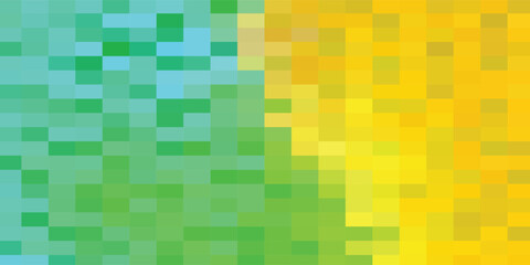Abstract pixelated background with a gradient of blue, green, and yellow colors.