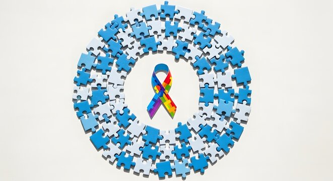 A rainbow ribbon is surrounded by blue puzzle pieces, symbolizing unity and autism awareness.