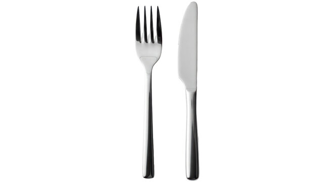 Isolated fork and table knife, close-up cutlery on bright background, serving items