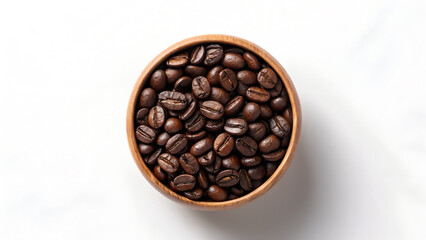 Fototapeta premium Roasted coffee beans in wooden bowl isolated on white background top view