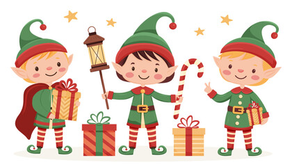 Three cute Christmas elves in festive outfits holding gifts and decorations.