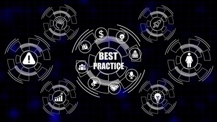 Obraz premium Digital infographic with best practice icons and text on dark blue background technology 1