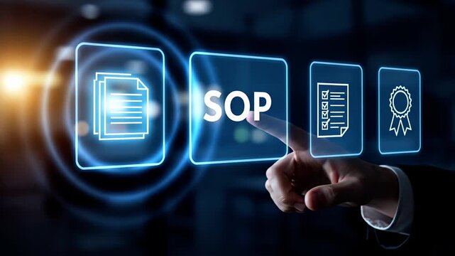 A business person's hand presses a glowing 'SOP' button on a virtual screen, symbolizing standardized operating procedures, quality control, and business efficiency.

