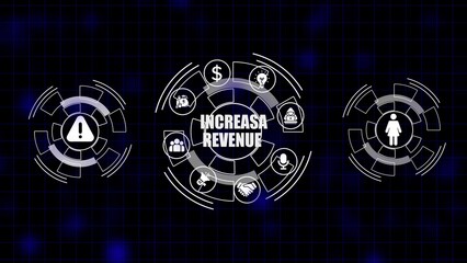 Digital infographic with icons for increasing revenue and business growth on dark blue grid background