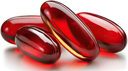 Close-up of three translucent, deep red capsules