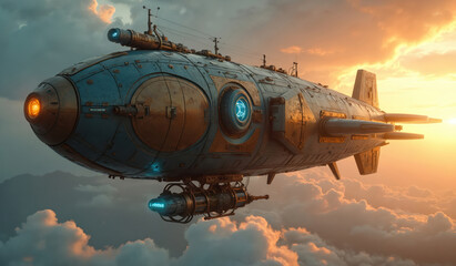 Retro-futuristic spaceship cruises through clouds at sunset. Steampunk airship design features intricate mechanical details, glowing blue engines, warm orange lighting. Blimp-like vessel evokes sense