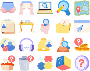 Lost illustration icon set, featuring simple and creative designs symbolising missing, searching, and exploration concepts. Ideal for use in apps, web design, infographics, and digital media projects.