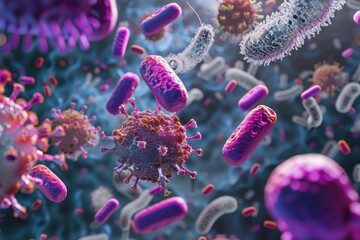 Microscopic view of viruses and bacteria floating in an abstract biological environment