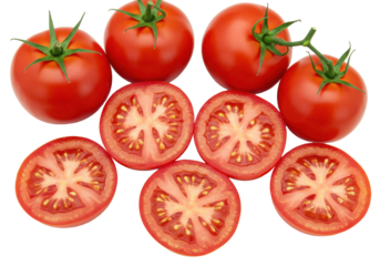 Fresh, ripe red tomatoes, whole with green calyxes and halved revealing juicy, seeded interiors, arranged on a transparent background, flat lay, sharp focus, inviting. Concept of healthy eating and