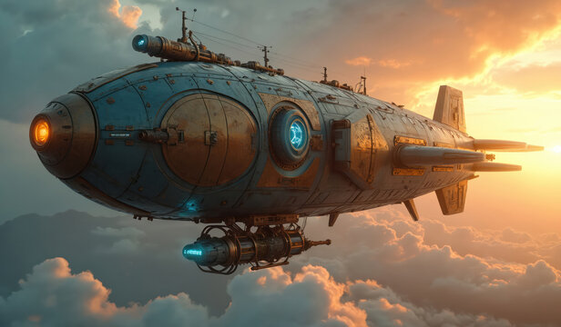 Retro-futuristic spaceship cruises through clouds at sunset. Steampunk airship design features intricate mechanical details, glowing blue engines, warm orange lighting. Blimp-like vessel evokes sense - Powered by Adobe