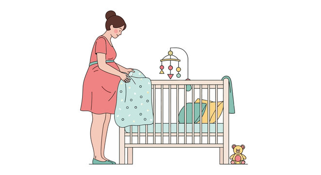 pregnant woman preparing baby crib clip art preview