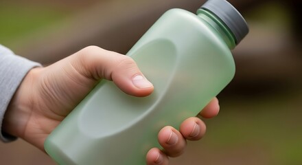 Holding a Refreshing, Pale Green Water Bottle for Hydration and Wellness
