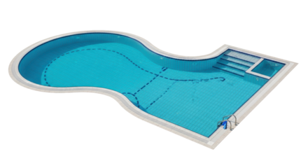 Isolated swimming pool featuring a freeform shape with steps and handrails for accessibility