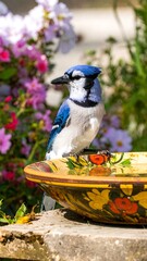 Blue Jay at a bird bath, surrounded by flowers