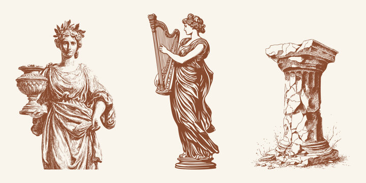 Engraving of classical muse with harp and chalice, alongside ancient broken column, vintage sketch style.