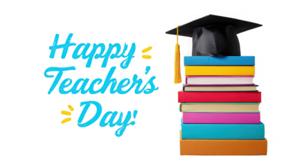 Happy teachers day greeting with graduation cap on books isolated on transparent background, celebration of educators