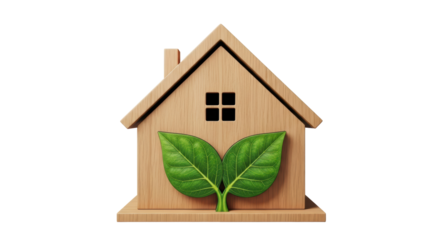 Isolated concept of green energy or eco house with leaves. Eco friendly home innovation